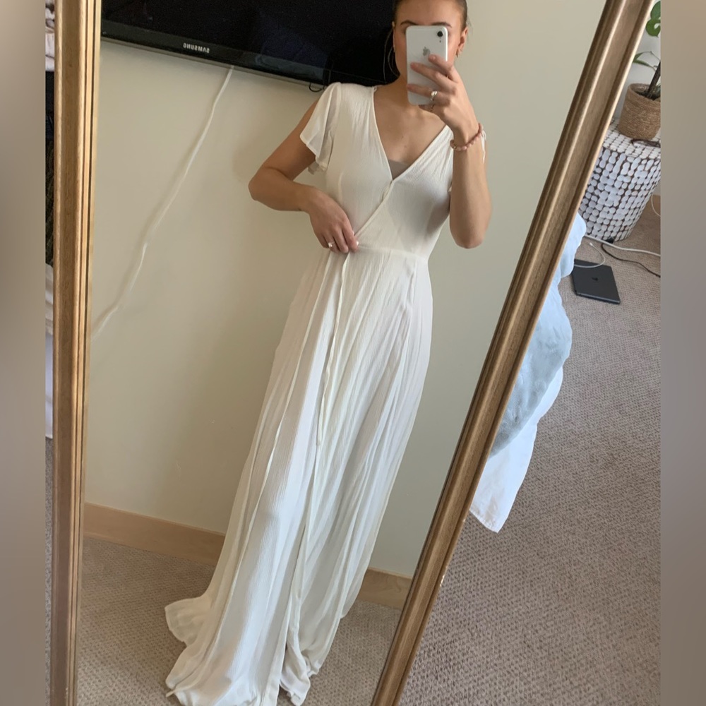 Long white linen dress. Engagement or bridal shower dress